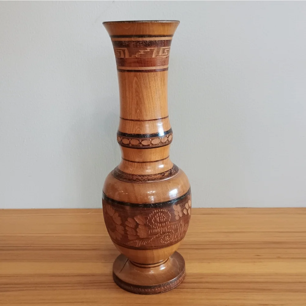 Vintage Hand Carved Cozumel Wood Vase Floral Design Mexican Folk Art 10